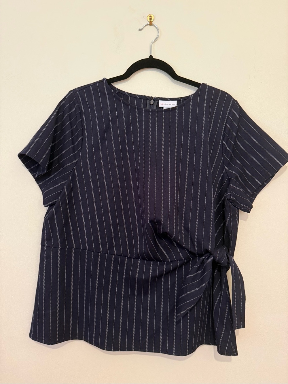 Liz Claiborne Navy Pinstripe Tie-Waist Blouse